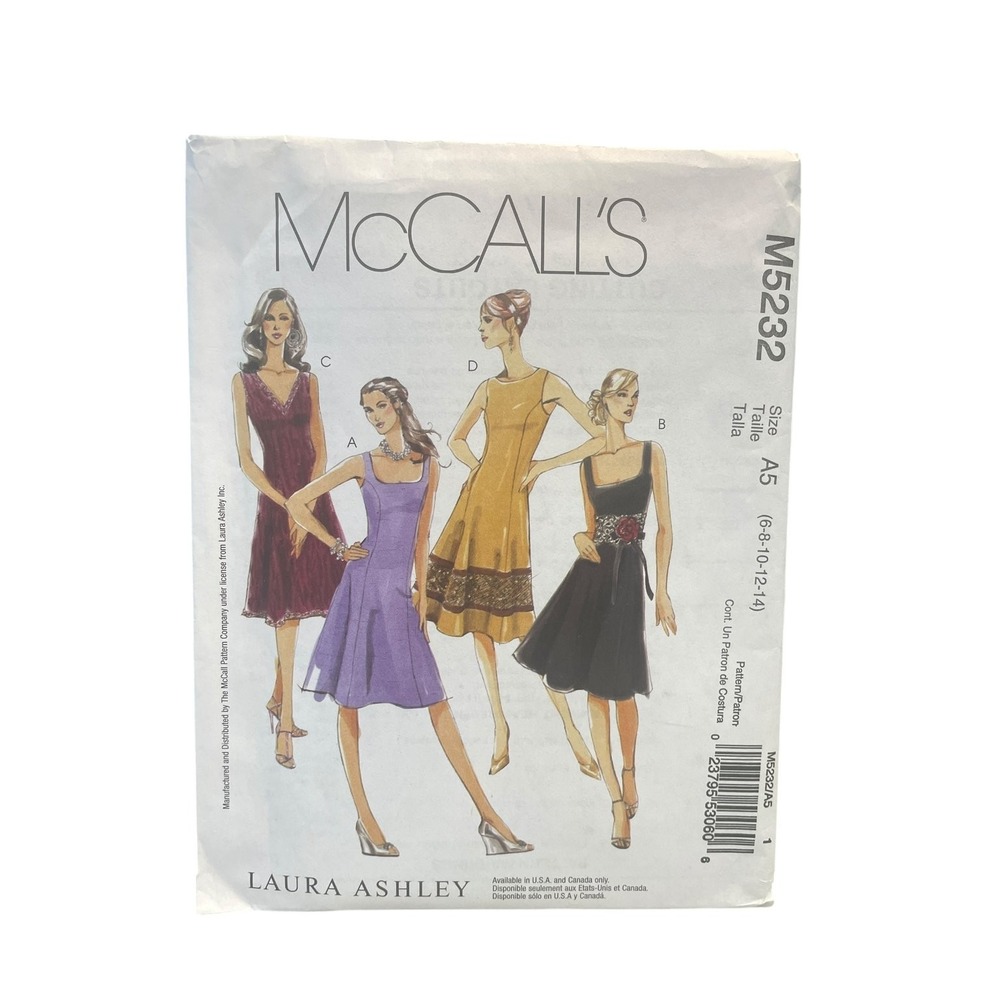 McCall's M5232 Sewing Pattern Misses Size A5 Laura Ashley Unlined Dress Uncut FF
